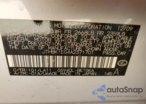 2010 Lexus Es 350 from USA, damaged, VIN JTHBK1EG4A2371701